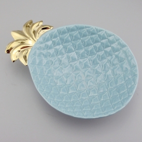 ciotola in ceramica grande ananas blu e foglia d'oro
